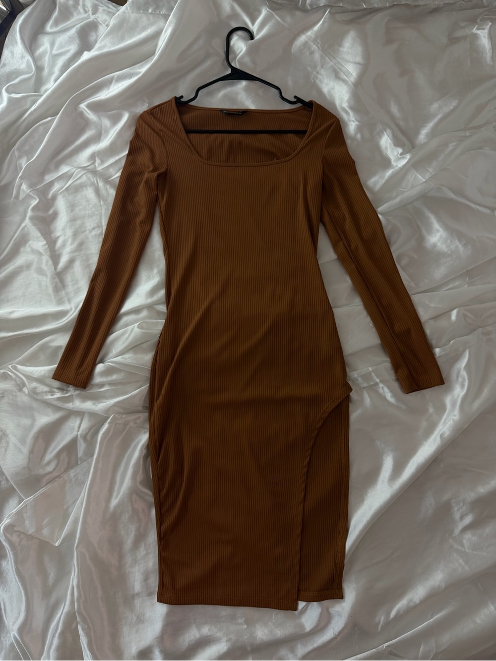 SHEIN Ribbed Long Sleeve Midi Dress in Brown